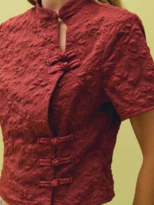 Nöista New Chinese Style Short-Sleeved Jacquard Two Pieces Dress - Redwood - View 3