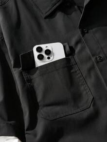 SWAVVY Camisa de hombre con parches de color contrastante y estampado de letras 2 en 1 - Negro - Ver 5