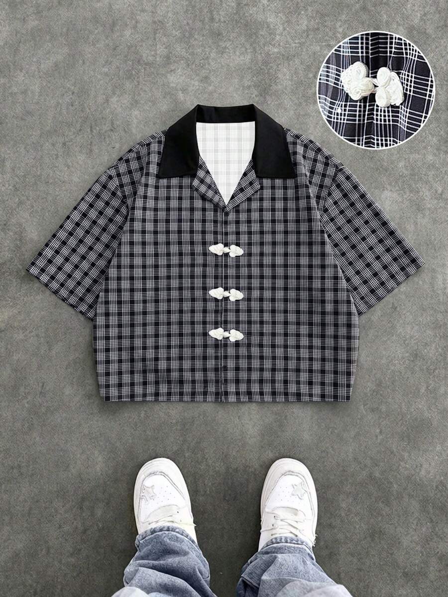 Manfinity Roghcode Men's Black & White Plaid Print Chinese Style Button-Down Collar Short Sleeve Shirt, Versatile Daily Wear - Black - View 1