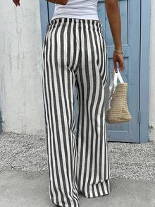 SHEIN PETITE CURVE Quần ống rộng kẻ sọc cạp chun dáng casual - Đen và trắng - Xem 6