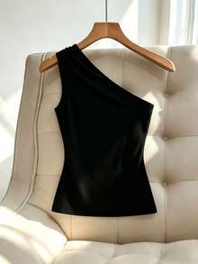 SHEIN Franclia Damtopp med ärmlös, off-shoulder-mönster och enfärgad sommartopp i minimalistisk design, enfärgad - Svart - Visa 2