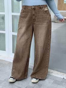 Dazy Plus Jeans de pierna ancha y larga de talla grande con efecto lavado y desgastado - Marrón - Ver 5