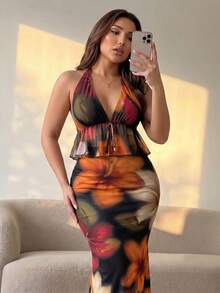Hourglow Plus Size Summer Vacation Floral Ruffle Spaghetti Strap Dress - Black - View 5