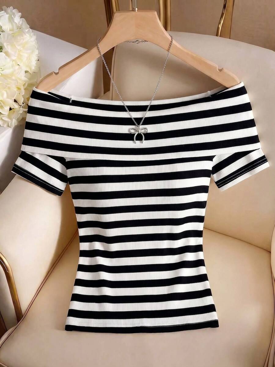 Resyla Nueva camiseta de mujer a rayas con hombros descubiertos, de moda y versátil - Multicolor - Ver 1