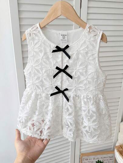 SHEIN Serisse Kids Áo kiểu dáng thường ngày, thoải mái, có họa tiết, thắt nơ phía trước, thích hợp cho bé gái tuổi teen, đi nghỉ mát.