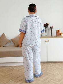 Napfluff CURVE Napfluff CURVE Striped Cherry Print Plus Size Women's Contrast Color Ruffle Trim Short Sleeve Pajama Set With Open Front Collar - Blue - View 2