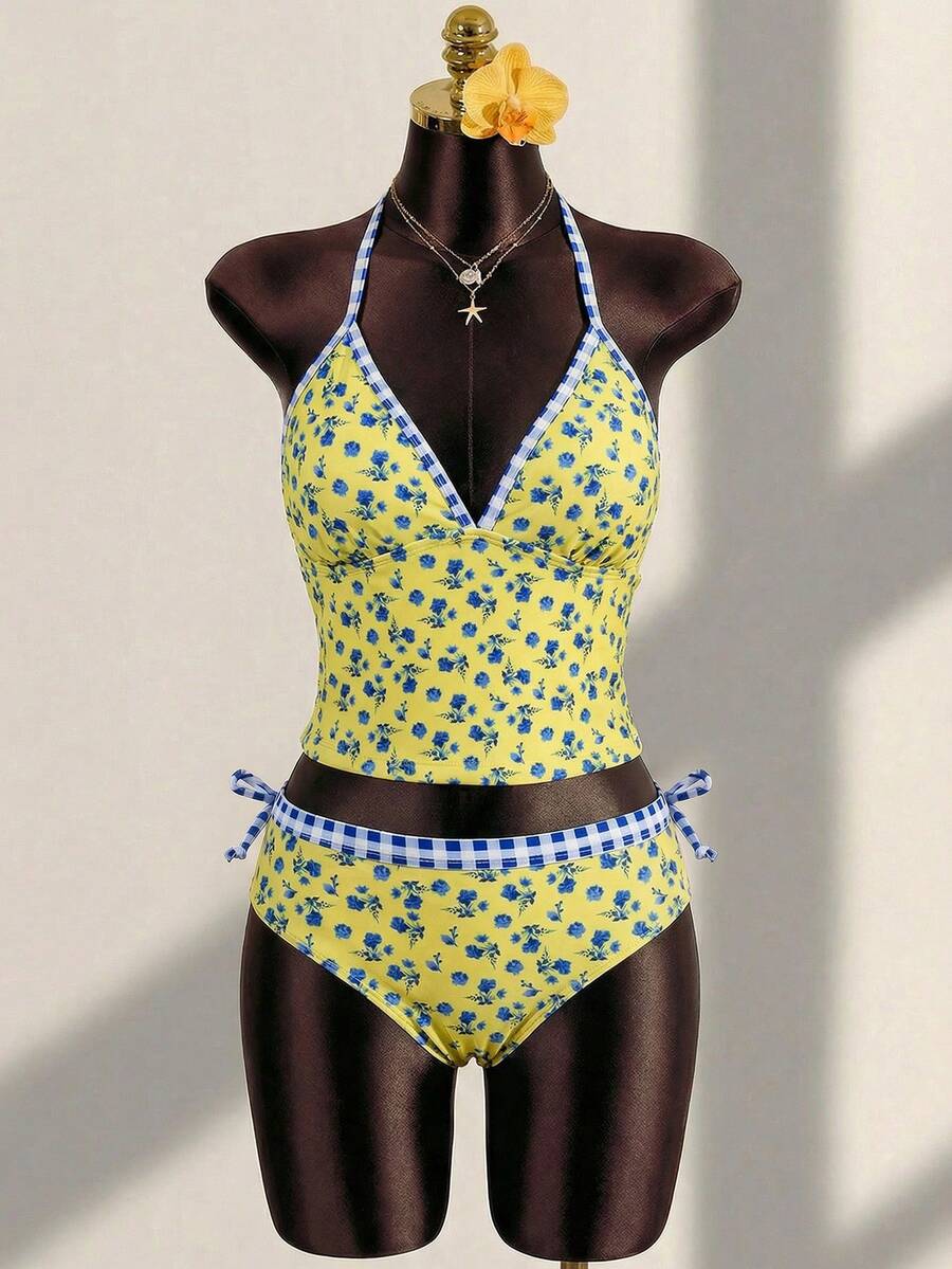 SHEIN Teen Girl Yellow Floral Print Spaghetti Strap Bikini Set,2 Pieces Swimwear For Summer,Beach,Vacation,Holiday,Girly Style Outing Chill Vibe Outfits - Multicolor - View 1