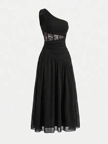 SHEIN PETITE Đầm dài màu đen thanh lịch cổ lệch cho nữ, không tay, chất liệu vải dệt kim, ôm sát cơ thể, hơi xuyên thấu, xếp ly, xòe nhẹ. - màu đen - Xem 4