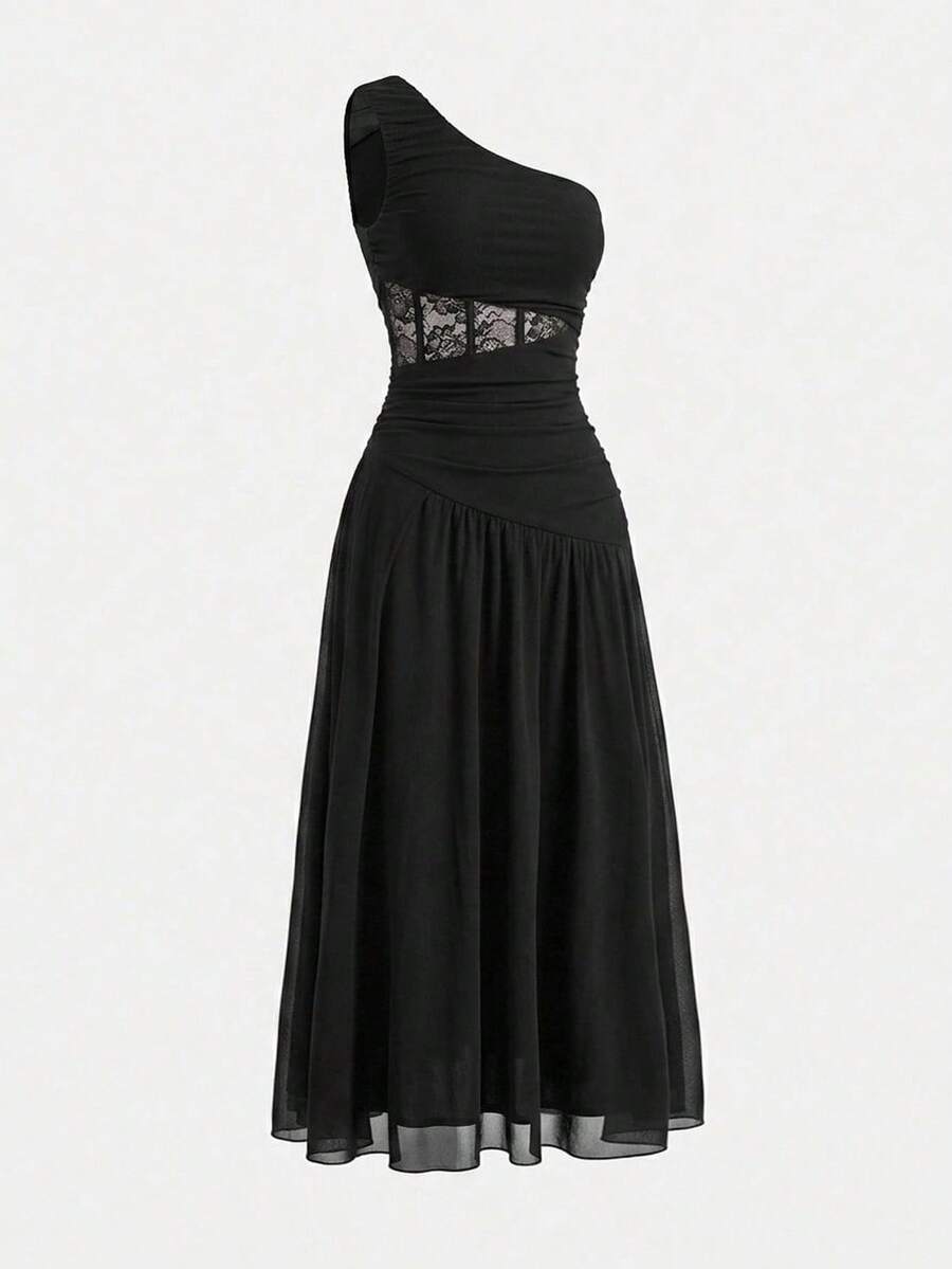 SHEIN PETITE Đầm dài màu đen thanh lịch cổ lệch cho nữ, không tay, chất liệu vải dệt kim, ôm sát cơ thể, hơi xuyên thấu, xếp ly, xòe nhẹ. - màu đen - Xem 1