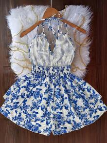 Flirla Plus Size Women Backless Vacation Floral Print Camisole Romper With Double Ruffle Hem - Blue - View 2