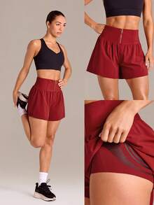 GLOWMODE VitalSwift Tummy Control High-Waisted A-Line Shorts With Built-In Shorts Contrast Zipper Pocket Casual Gym Summer Quick Dry - Maroon - View 9