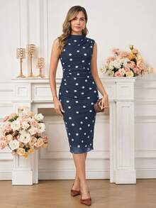 Ellevyn Women's Polka Dot Print Ruched Bodycon Dress,Dresses For Women Summer - Navy Blue - View 5