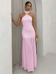 xheSHEIN Glamour Vestido elegante con cuello halter vintage para resaltar los hombros y el cuello, diseño sin espalda que destaca la belleza de la espalda, silueta de parte superior ajustada + falda plisada de cintura alta, tela elástica de la parte superior que se ajusta cómodamente a la figura, material plisado y liviano de la falda con excelente caída y fluidez para un movimiento dinámico, vestido formal largo para mujeres adecuado para galas, banquetes, alfombras rojas, citas y talla grandexhe - Rosa - Ver 7