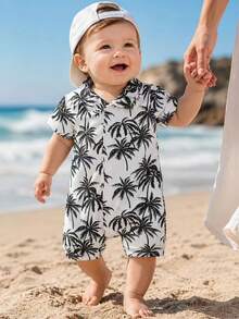 SHEIN Playful Pals 男嬰黑白短袖翻領熱帶葉子印花前開式連身褲 夏季休閒度假假期夏威夷襯衫連身褲 3M-24M - 黑與白 - 查看 8