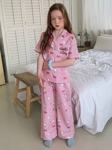 Dazy Kids HELLO KITTY | DAZY 少女卡通條紋印花鈕扣前短袖上衣與長褲睡衣套裝 夏季 - 粉色 - 查看 4