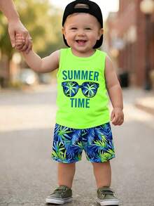 SHEIN Playful Pals 2pcs/Set Unisex Infant/Toddler Baby Boy/Girl Sunglasses & Letter Print Tank Top, Palm Tree Print Shorts Set, Summer Outfit - White - View 4