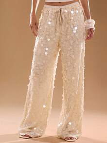 SHEIN BAE Women's Fashionable Party Sequin Wide Leg Pants - Apricot - View 5