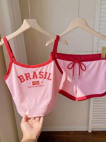 Comfortcana Conjunto de 2 piezas con bloque de color e impresión de letras para mujer, adecuado para deportes, casual, streetwear, sexy, festivales de música, partidos de pelota - Rosa - Ver 6