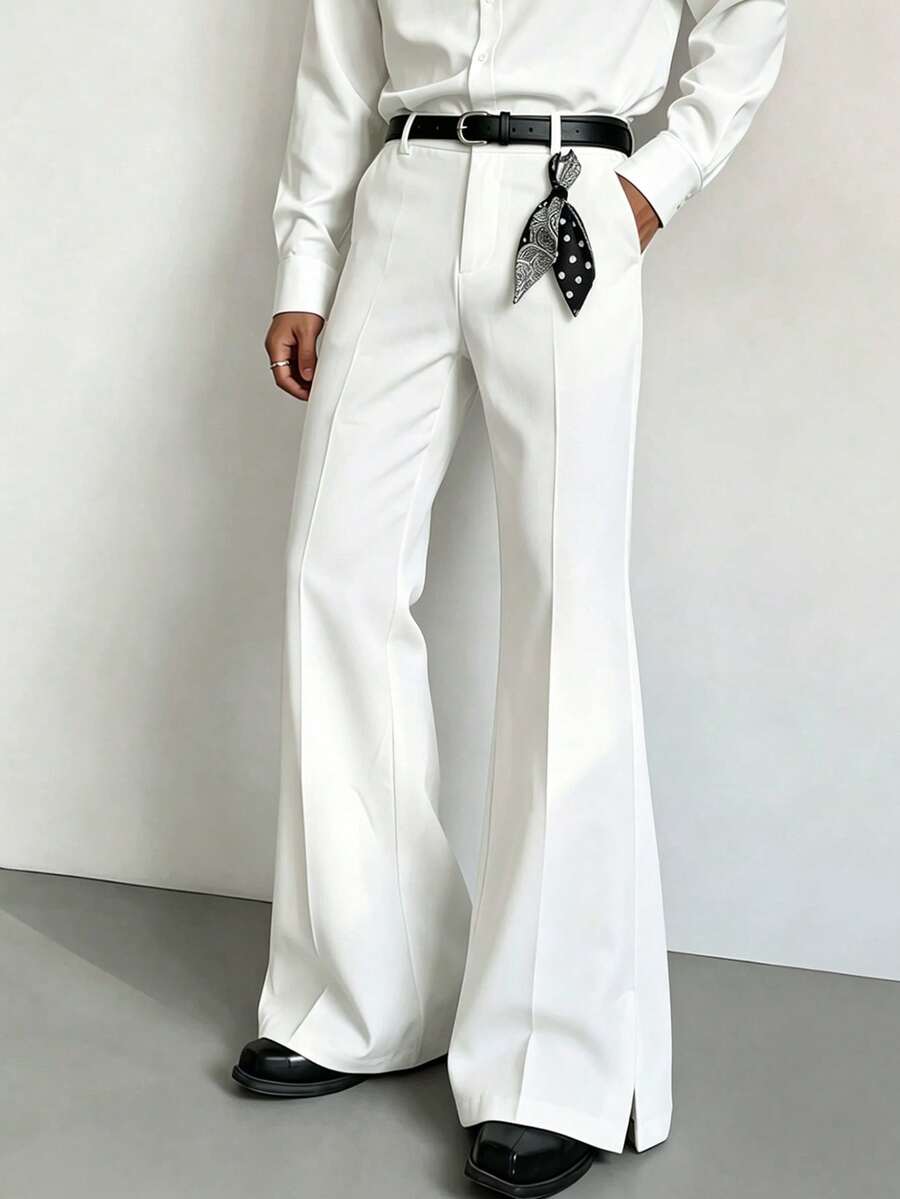 Manfinity Hypemode Men's Casual Strench Flare Pants Solid Color Mid Rise Slim Fit Trousers With Pockets - White - View 1