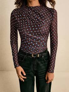 Poéselle T-shirt décontracté à manches longues ajusté et froncé à pois pour femmes - Multicolore - Voir 5
