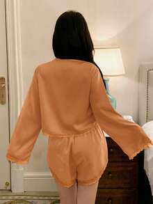 DAZY Romantic Lace Patchwork Satin Tie-Up Top & Super Short Pajama Pants Women Sleepwear Set - Orange - View 2