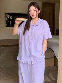 Dazy Plus 2pcs/Set Piyama Kasual Lucu dengan Hiasan Ruffle, Warna Polos, Atasan Lengan Pendek Longgar dan Celana Panjang, Ungu, Ukuran Besar untuk Wanita, Musim Semi/Panas - Purple - View 3