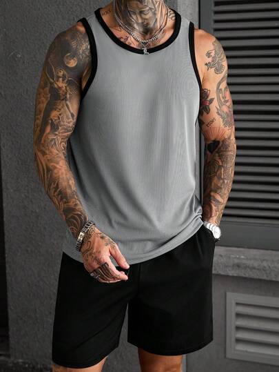 Manfinity CasualCool 2 st/set herr bekvämt ribbat linne med rund hals och enfärgade shorts med dragsko och elastisk midja, avslappnad semester, fest, uteställe, sport, enkelt kontor, klassisk japansk stil bästsäljande linne och shortsset, lämplig att bära själv eller som present till vänner, vår/sommar