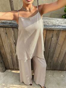 Livesso Plus Size Women Business Casual Solid Color Sleeveless Long Jumpsuit & Wide Leg Pants 2-Piece Set, Spring/Summer - Apricot - View 8