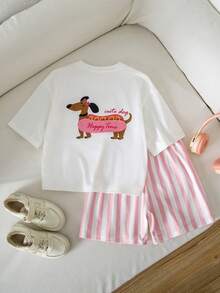 SHEIN 2pcs/Set Young Girl Solid Color Cute Puppy Pattern Loose Casual T-Shirt And Striped Shorts Set - Multicolor - View 5