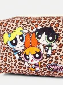 THE POWERPUFF GIRLS X SHEIN 豹紋底女孩印花化妝包，適用於多種場景，大容量，超輕量，耐用，多功能，實用，高美學價值，時尚風格，極簡休閒風，仿風，中性風，運動風，可愛風，卡通風，便攜，透氣，耐用，可折疊，防塵收納，假期戶外工作，辦公室送禮，通勤，旅行，度假，年輕女性和辦公室人員的首選 - 豹紋 - 查看 3