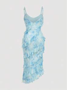 SHEIN MOD Women's Light Blue Summer Tropical Tea Party Holiday Asymmetrical Hem Cami Floral Multi-Layered Lotus Leaf Long Ruffle Trim Wedding Guest Midi Dress - Blue and White - View 4