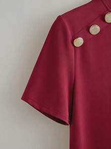 EMERY ROSE Áo thun cotton mùa hè dành cho nữ, chất liệu dệt kim, co giãn, ôm sát, cổ tròn, tay raglan, có nút trang trí, thắt eo, thời trang, thanh lịch, thoải mái. - Đỏ - Xem 4