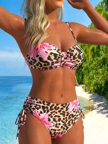 Swim Lushoire Women's Leopard & Floral Print Underwire Bikini Set,High Waist Side Drawstring Swim Shorts,Tie Dye,Summer,Casual,Beach,Holiday,Vacation,Holiday - Multicolor - View 3