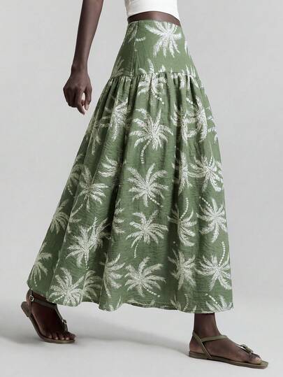 Ontre Women's Casual Coconut Tree Print Skirt All-Season Bohemian Style Vacation Outfits Seaside Women's Clothing, Country Music Concert Style, Western Style Clothing, Nomadic Casual Fashion Boho Versatile Modern Urban Fashion Business Casual Women's Wear Office Attire Understated Old-Money Style, Elegant And Sophisticated, High-Quality Commuter And Airport Clothes Waist Detail Flared Dress Beautiful Prtint Street Fashion Wear, Clothing, Coffee Shop, Relaxed Wear All-Season