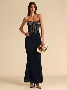 SHEIN BAE Đầm hè gợi cảm, thanh lịch với chất liệu ren đen và lưới, kiểu đuôi cá, thích hợp cho ngày Valentine, tiệc tùng, hẹn hò lãng mạn, phù dâu, đám cưới, dạ hội, sinh nhật. - màu đen - Xem 4