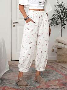 SHEIN Holidaya Quần jeans nữ ống lửng in hoa nhỏ - trắng - Xem 3