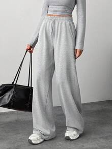 SHEIN 女士休闲纯色抽绳腰裤 - 淺灰色 - 查看 7