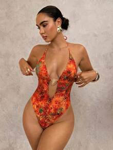 Swim Glamine 女士性感露背吊带芙蓉花印花连体泳衣，波西米亚海滩风 - 彩色 - 查看 3