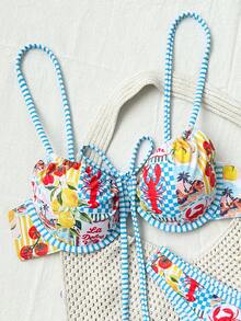 Swim Mod 2pcs/Set Lemon Shrimp & Ocean Print Spaghetti Strap Padded Back Closure Contrast Trim Casual Vacation Bikini Swimwear For Women - Multicolor - View 3