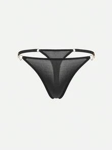 Bella Beso Tanga sexy con detalle de cadena en forma de corazón, para rave - Negro - Ver 1