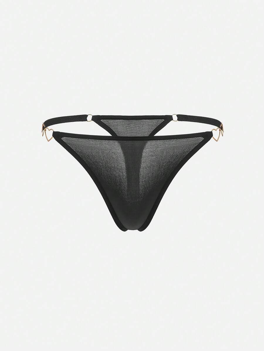 Bella Beso Tanga sexy con detalle de cadena en forma de corazón, para rave - Negro - Ver 1