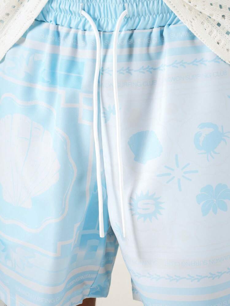 Casual Printed Swim Shorts With Drawstring Waist, Tropical Graphic Pattern, Summer Beach Vacation