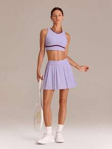 GLOWMODE FeatherFit™-Sculpt Sweat-Wicking Stretchy Contrast Stripe Ribbed Underbust Open Back Sports Bra With Built-In Cups Medium Impact Training Tennis Golf Daily Active Wear - Purple - View 8
