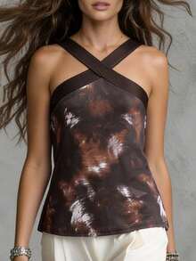 SHEIN Clasi Áo hai dây nữ kiểu dáng thường ngày, họa tiết nhuộm tie-dye, thích hợp cho mùa hè. - Rỉ Nâu - Xem 5