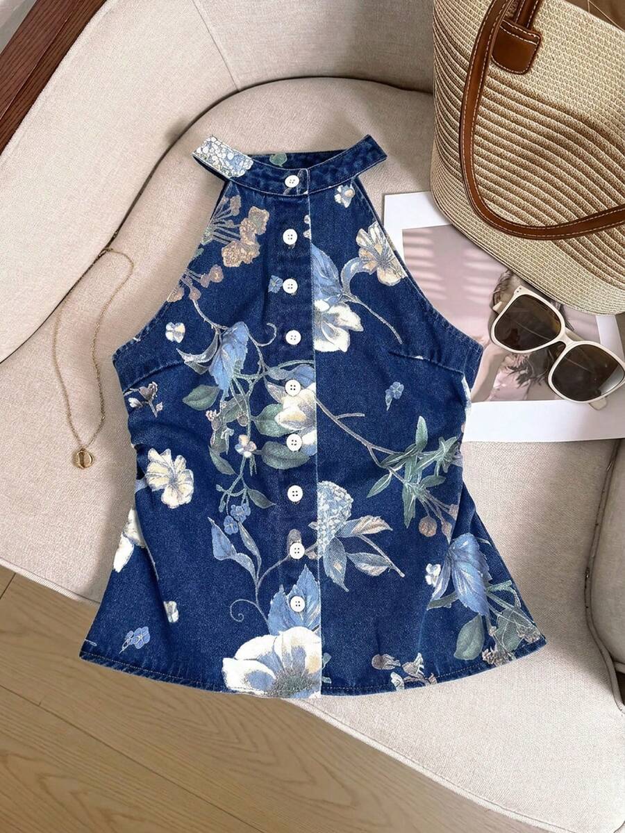 SHEIN Frenchy 女款花卉圖案單排扣掛脖牛仔上衣 - 深色水洗藍 - 查看 1