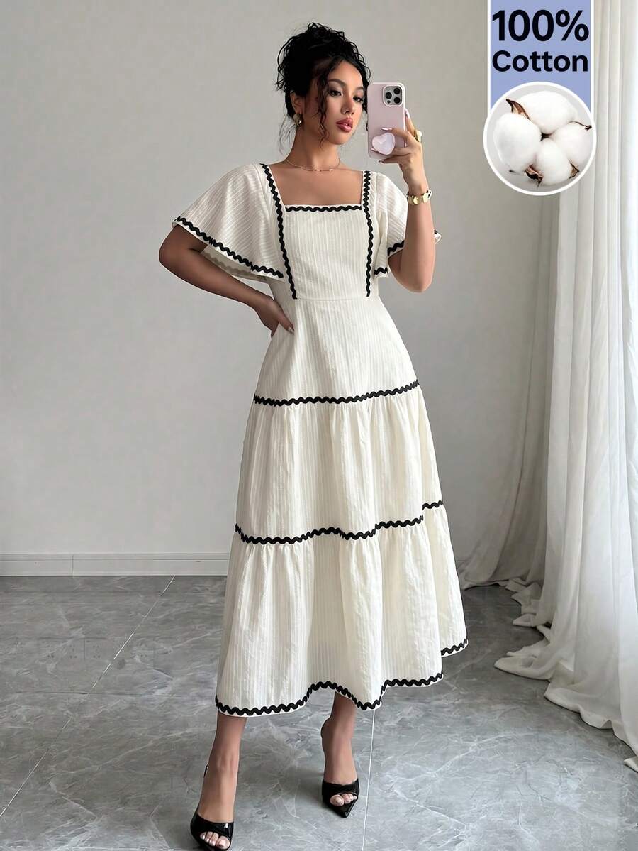 SHEIN Raffinéa 女士方领花瓣袖法式纹理度假风波浪荷叶边下摆奶油黄优雅连衣裙 - 白色 - 查看 1