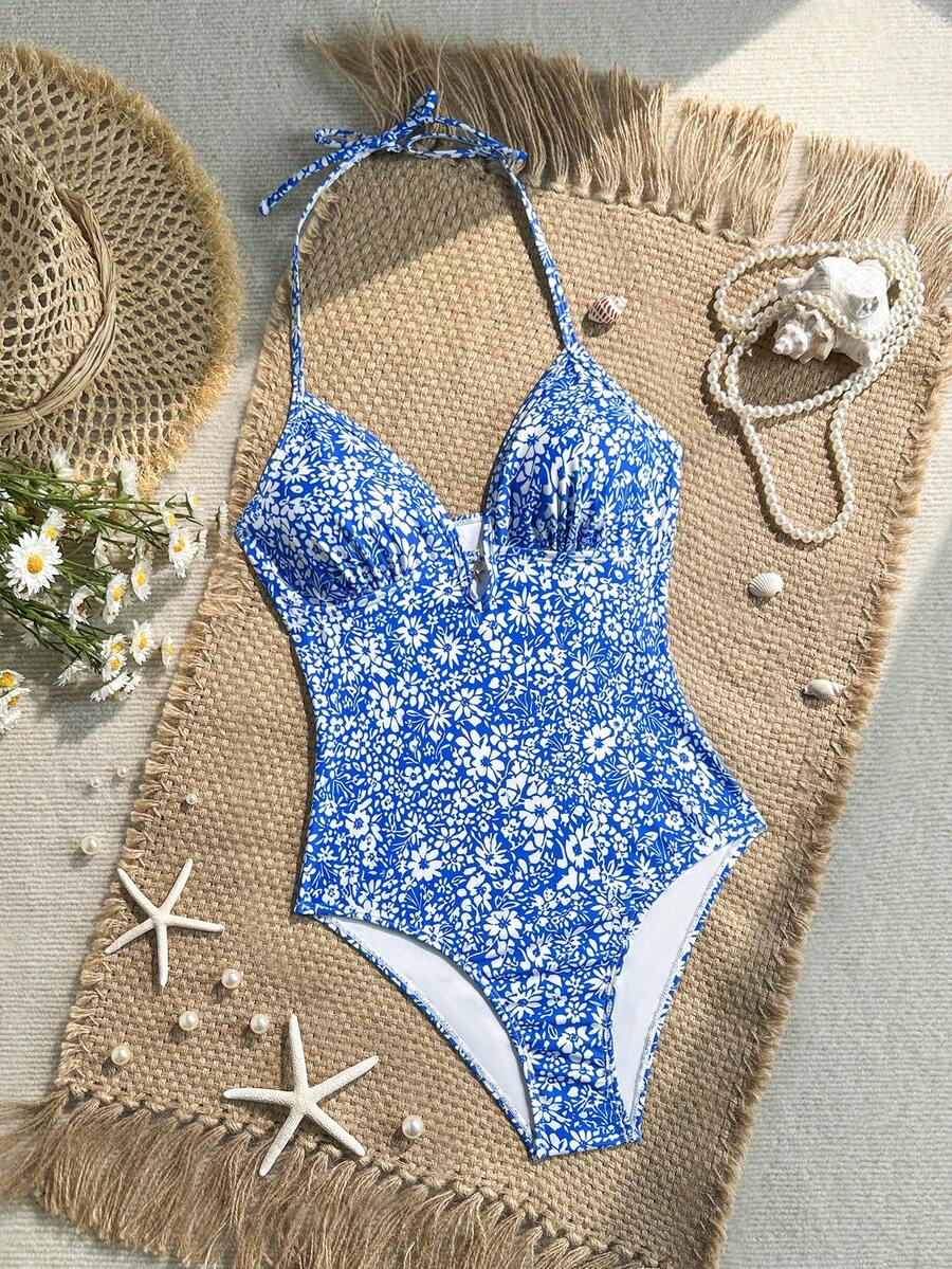 SHEIN 少女蓝白碎花V领露背连体泳衣,夏季海滩度假 - 藍白色 - 查看 1