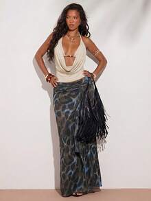 SHEIN BAE Brown Beaded Fringe Backless Knit Top, Suitable For Beach, Casual Holidays, Outings, Beaded Top, Beach Top, Music Festivals, Carnival Parties, Ibiza,Summer Top - Apricot - View 4