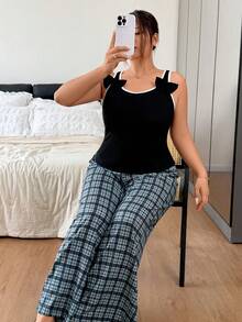 Napfluff CURVE Napfluff CURVE Contrast Color Trim Bow Decor Vest & Plaid Print Pants Plus Size Pajama Set - Multicolor - View 6