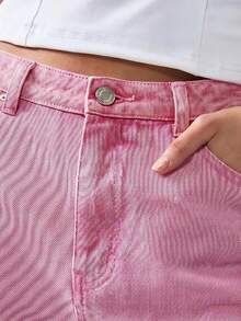 SHEIN PETITE Quần jeans nữ cạp cao, ống rộng màu hồng nhạt, thích hợp cho trang phục thường ngày mùa hè. Quần jeans nữ dáng rộng, có túi, ống loe, thích hợp cho trang phục thường ngày. - Hồng - Xem 5